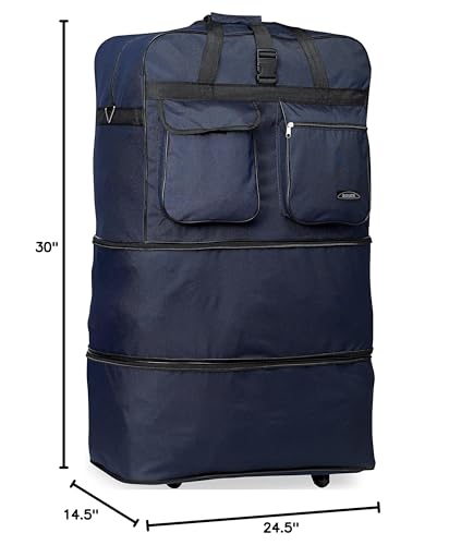 40" Navy Blue Large Expandable Rolling 6 Wheeled Duffel Bag Spinner Suitcase Luggage