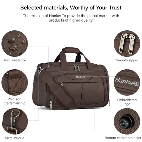Hanke Small Travel Duffel Bag, Under Seat Carry On Personal Item Bag with 11 Pockets, Lightweight Water Resistant Foldable Weekender Bag with Trolley Sleeve for Travel Gym Daily Use（Coffee）