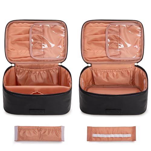 Montana West X Wrangler Travel Makeup Bag 2pcs Set Large Cosmetic Bag with Makeup Brush Holder Portable Make Up Organizer Cute Toiletry Bag with Divider and Handle for Women Black