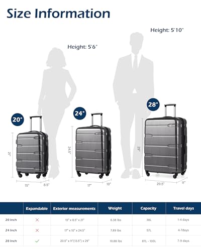 Coolife Carry On Luggage 22x14x9 Airline Approved Hardside PC+ABS Suitcase with TSA Lock, Lightweight Rolling Travel Luggage with Spinner Wheels(Charcoal, 20in)