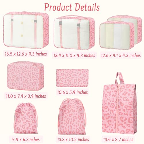 Woobolsalike 9 Set Packing Cubes for Travel Essentials - Lightweight Carry-On Luggage Organizer Bags with Shoe, Clothes & Laundry Bags for Airplane, Family & Business Travel, Pink leopard print