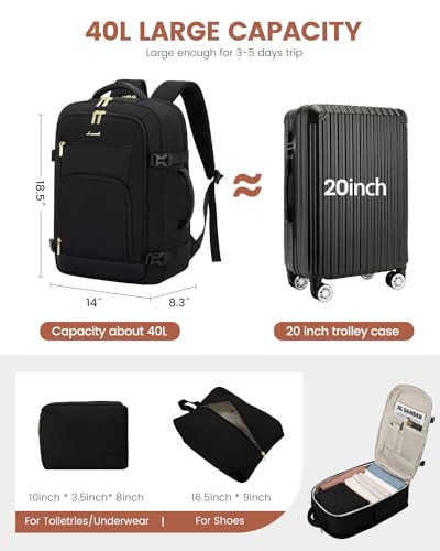LOVEVOOK Carry On Travel Backpack For Women Men Flight Approved, 40L Personal Item Backpack for Airplanes, Business Weekender Overnight Daypack Fits 17 Inch Laptop, With 2 Packing Cubes, Black