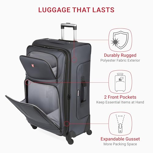 SWISSGEAR Sion Softside Expandable Spinner Luggage Durable Lightweight Travel Suitcase, Dark Grey, Checked-Large
