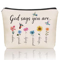 Girlly Christian Mom Gifts For Women, God Says You Are Scripture Makeup Bag, Inspirational Bible Verse Cosmetic Bag, Affirmations & Encouragement Gifts, Flower Bird Themd Pouch for Women Girls.