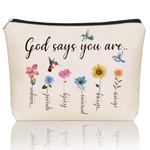 Girlly Christian Mom Gifts For Women, God Says You Are Scripture Makeup Bag, Inspirational Bible Verse Cosmetic Bag, Affirmations & Encouragement Gifts, Flower Bird Themd Pouch for Women Girls.