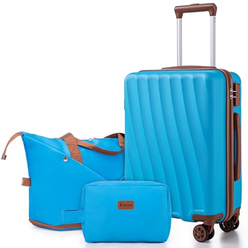 Eeeza Carry on Luggage Sets 22x14x9 Airline Approved Durable Travel Luggage Suitcases with Wheels,ABS Hard Case Suitcases with Spinner Wheels,(SkyBlue,3 Piece Sets(20"/DB/TB))