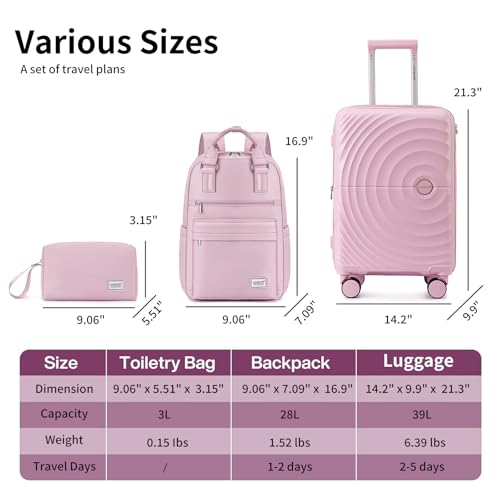 LARVENDER Carry On Luggage Set 22x14x9 Airline Approved, Expandable 20 Inch Carry-On Suitcases With Wheels, Lightweight Luggage Sets 3 Pieces With Backpack, Light Pink