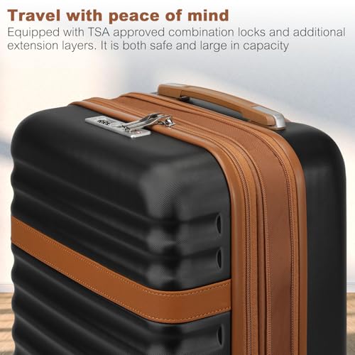 Kono Medium Sized Checked Luggage, 24 Inch Expandable with Spinner Wheels, TSA Lock, ABS + PC Lightweight Travel Suitcase with Larger Capacity and Lighter Weight, Black Brown
