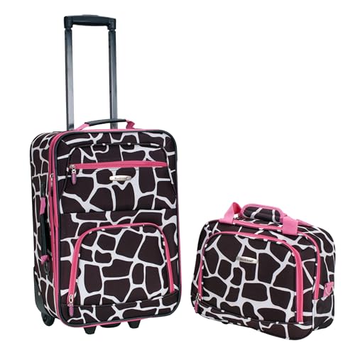 Rockland Fashion Softside 2 Piece Luggage Set, Expandable, (14" Tote/19" Upright), Pink Giraffe