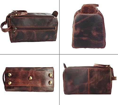 RUSTIC TOWN Leather Toiletry Bag – Stylish & Durable Ditty Kit with Water Resistant Lining – Travel Shaving Kit Organizer for Bathroom & Overnight Trips - Great Gift for Men & Women