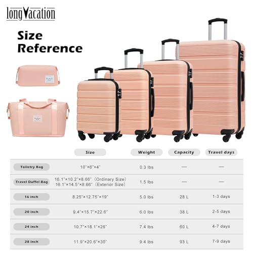 LONG VACATION 6 Piece ABS+PC Hardshell Luggage Set with Spinner Wheels, Lightweight suitcase set with TSA Lock & YKK Zipper, Pink
