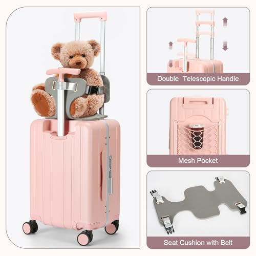 MRPLUM Carry On Luggage Double Handle Suitcase with Net Pocket,Hard Shell Spinner Wheels Luggage with TSA Lock&Seat Belt,20 inch,Pink