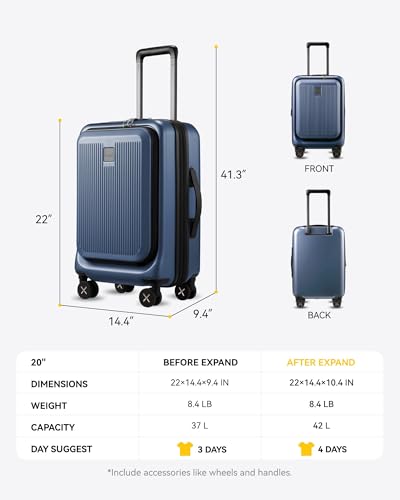 Carry on Luggage 22x14x9 Airline Approved, LTB PC Hard Shell Suitcase with Front Pocket, Expandable Luggage with USB Port (FX-Lite, Blue, 20 Inch, 37L-42L)