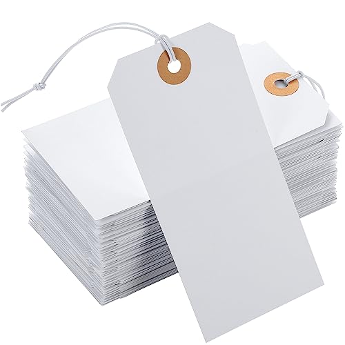100pcs Large Price Tags with String Attached White Hang Paper Tags with Elastic String Reinforced Hole Writable Mother's Day Tag Inventory Tag 4.76''×2.36''