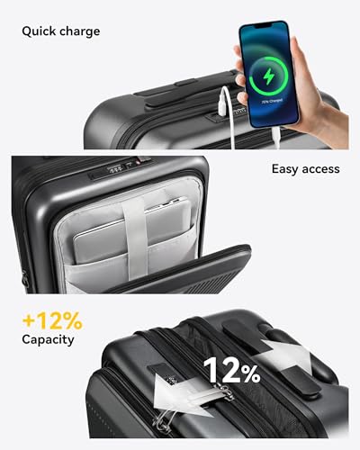 Carry on Luggage 22x14x9 Airline Approved, LTB PC Hard Shell Suitcase with Front Pocket, Expandable Luggage with USB Port (FX-Lite, Blue, 20 Inch, 37L-42L)