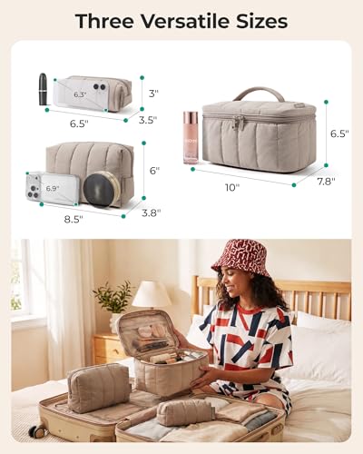 BAGSMART Travel Makeup Bag for Women, 3 Pcs Puffy Padded Cosmetic Organizer Bag, Large Toiletry Case and Small Purse Pouch for Gym, Work, Girls (Black)