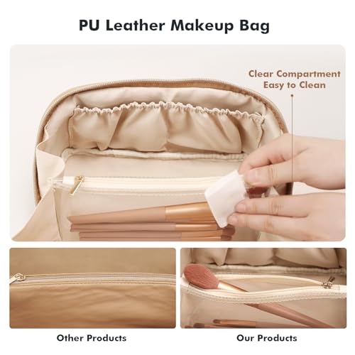 Prite Makeup Bag for Women Travel Waterproof Vegan Leather Cosmetic Bag Open Flat Toiletry Bag With Clear Divider and Handle (Beige, Medium)