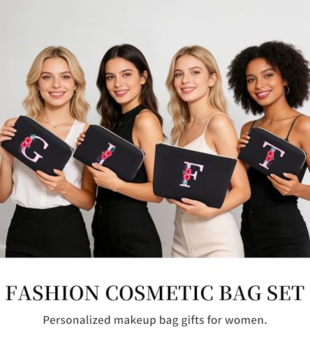 sevelly A-Z Personalized Makeup Bag 2 PCS, Birthday Gifts for Women Mom, Gifts for Best Friend, Bride Bridesmaid Cosmetic bag (A)
