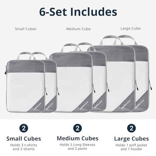 NICOSHOW 6 Set Compression Packing Cubes for Travel - Compressible, Lightweight, and Space-Saving Packing Cubes, Travel Essentials for Women, Grey