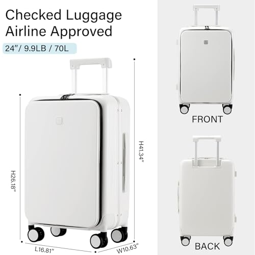 Hanke 24 Inch Checked Luggage with Front Pocket Aluminum Frame （Can Not Open in The Middle）Hard Shell Suitcases with Wheels Rolling Luggage Suitcase with Lock Travel Luggage for Weekender-Smoke White