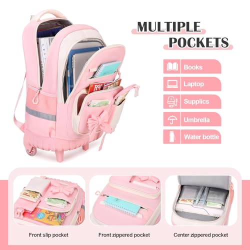 DIGOBAY Rolling Backpack for Girls, Cute Roller School Bag with Wheels, Kids Wheeled Backpacks Set with Lunch Bag Pencil Case for Teen Girls Kindergarten Elementary Middle School