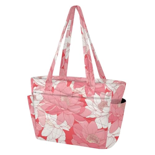 tplaotee Tote Pool Bag Everyday Shoulder Bag for Travel & Beach Weekend Getaway with Pockets Peach Water Lily Flower Bloom