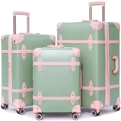 NZBZ Vintage Luggage Sets for Women Retro Suitcase Cute Vintage Expandable Luggage of 3 (Green with Pink, 20inch & 24inch & 28inch)