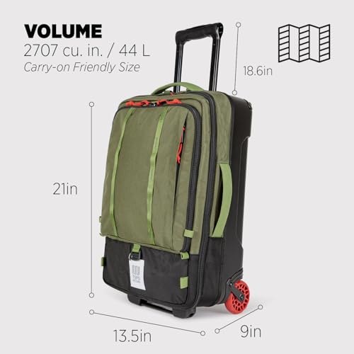 Topo Designs Global Travel Roller Bag Suitcase, Carry-On Friendly, 3 Carry Options, Smooth Heavy Duty Wheels, Telescoping Handle, Designed in Denver CO USA, PFAS Free (Olive/Olive)