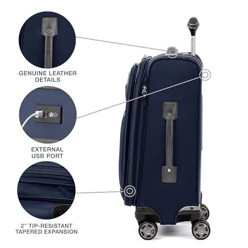 Travelpro Platinum Elite Softside Expandable Carry on Luggage, 8 Wheel Spinner Suitcase, USB Port, Suiter, Men and Women, Dark Blue, Carry On 21-Inch