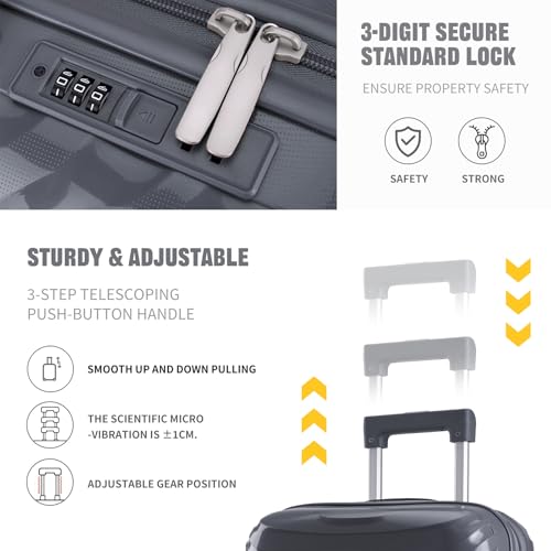 LARVENDER Luggage Sets 3 Piece, Hardside PP Carry On Luggage Suitcase with 360° Spinner Wheels Suitcase Sets for Women Men, Dark Grey