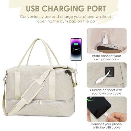 For Spirit Airlines 18x14x8 Personal Item Bag with USB Charging Port, Underseat Travel Duffel Bag with Wet Pocket & Shoes Compartment Carry On Luggage for Women Men (Beige)