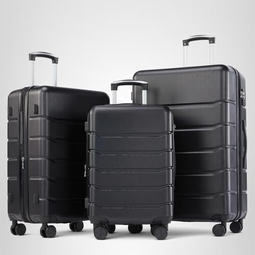 OLIXIS 3-Piece Luggage Set, Carry On Suitcases with Spinner Wheels, Expandable Travel Luggage with TSA Approved Lock & ABS Hard Shell, Black, 20/24/28 Inch