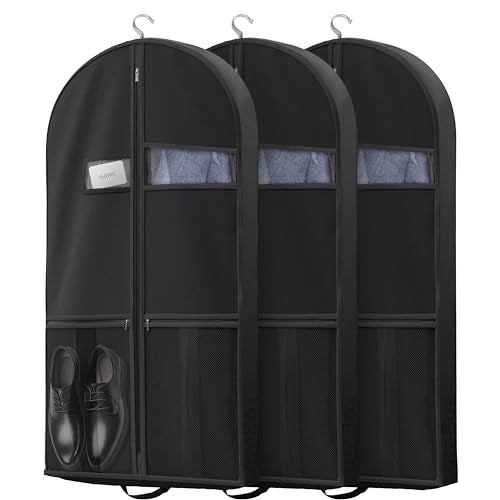 Lazebox 43" Travel Garment Bag with Accessories Zipper Pocket, Heavy Duty Suit Bag for Suits, Tuxedos, Dresses, Coats, Black, 3 packs