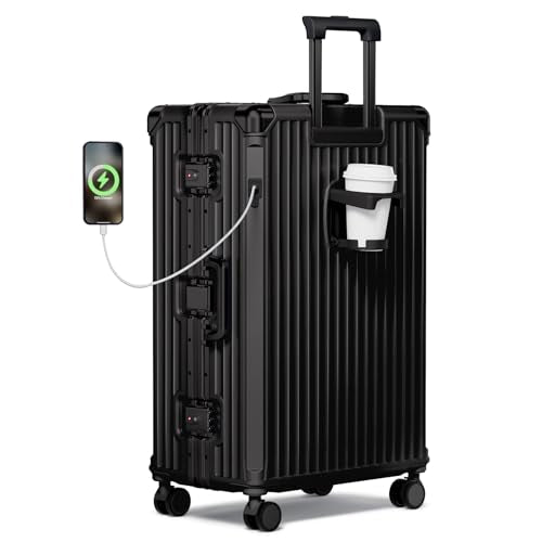 Krute Aluminum Frame Luggage 28 Inch Checked Suitcase With Wheels No Zipper PC Hard Shell Suitcases with Cup Holder and Charger Zipperless Large Travel Luggage