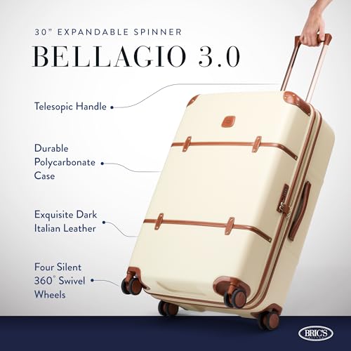 Bric's Bellagio 3.0 Spinner Trunk- Luxury Hardshell Check In Luggage with Large Wheels, Telescopic Handle, Leather Detailing - Expandable Rolling Suitcase - 30", Cream