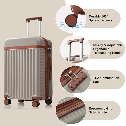 3 Piece Luggage Set ABS Hardshell Lightweight Suitcase Sets with Spinner Wheels and TSA Lock, 20 inch with Front Opening Design and USB Port, 20" Airline Certified Carry-on Luggage, 20"24"28", Khaki
