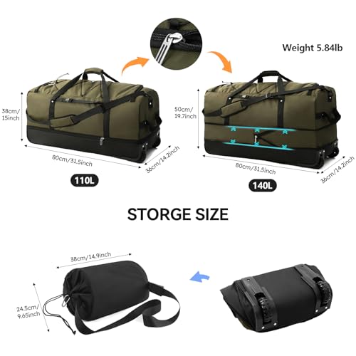 Bagenerous 110L/140L Expandable Soft-Sided Foldable Duffle Bag with 2 Rubber Wheels,Packable 32” Rolling Carry-On with Multi-Pockets & Compartments,Army Green