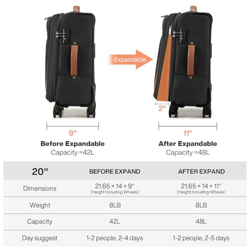 mixi Carry On Luggage 20 Inch Softside Expandable Suitcase with Front Pocket, 22x14x9 Airline Approved Rolling Lightweight Travel Suitcases with Wheels & TSA (Black)