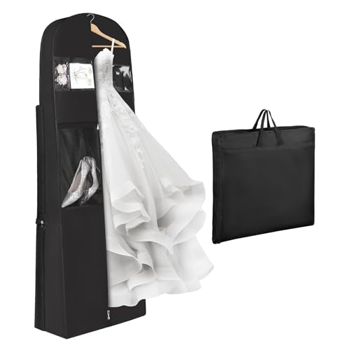 Univivi Wedding Dress Travel Bag for Airplane, Extra Long Wedding Gown Garment Bag with Accessory Pockets, 72 Inch Trifold Heavy Duty Dress Bags for Gowns for Travel and Closet Storage (Black)