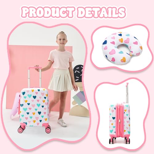 Esteemly Kid's Luggage Set 5 Piece Suitcase Set 16" Hardside Luggage with Spinner Wheels Girls Carry on Toddler Travel Rolling Suitcase with Neck Pillow Airline Approved