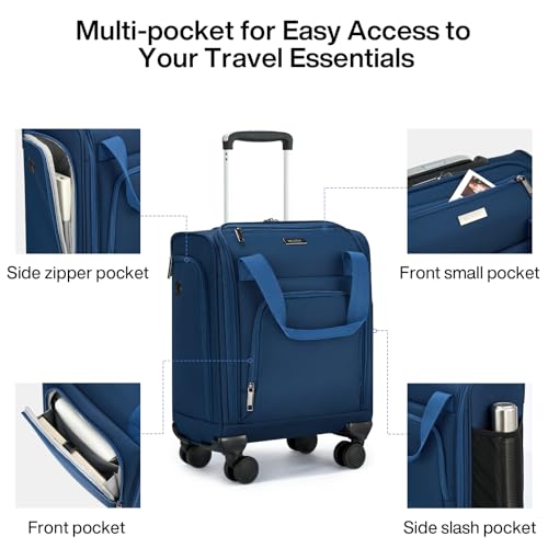 MILADA Underseat Carry On Luggage with Wheels, Airline Approved 16-inch Spinner Small Suitcase, Softside Travel Luggage, Personal Item Overnight Bag, Business Mini Suitcase for Women and Men, Blue