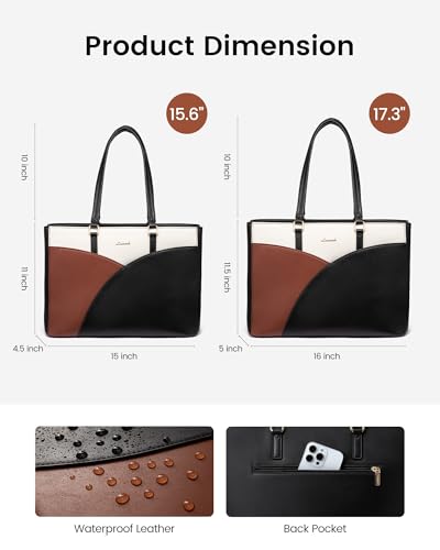 LOVEVOOK Laptop Bag for Women,15.6 Inch Work Teacher Bags Leather Tote Bag Briefcase Waterproof Computer Bag for Women，Black-White-Brown
