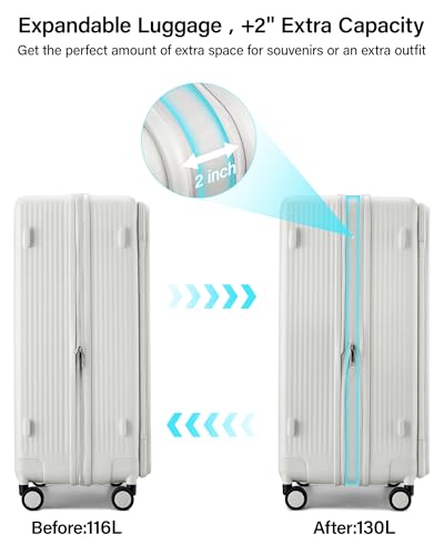 Hanke Large Expandable 28 Inch Luggage with Spinner Wheels Top Opening Travel Luggage Hard Shell Rolling Suitcases Lightweight Checked Luggage with Cup Holder(Caribbean Blue)