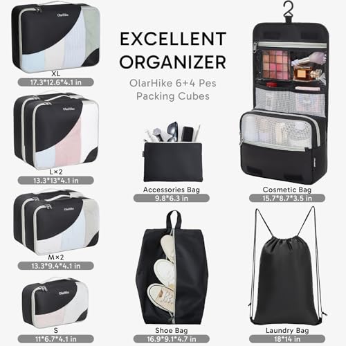 ALL INCLUDED 10 Set Durable Packing Cubes for Suitcases,OlarHike Essentials for Travel,UPGRADED Anti-Tear Stitching, NEW Improved Luggage Packing Organizers for Travel Accessories (Black)