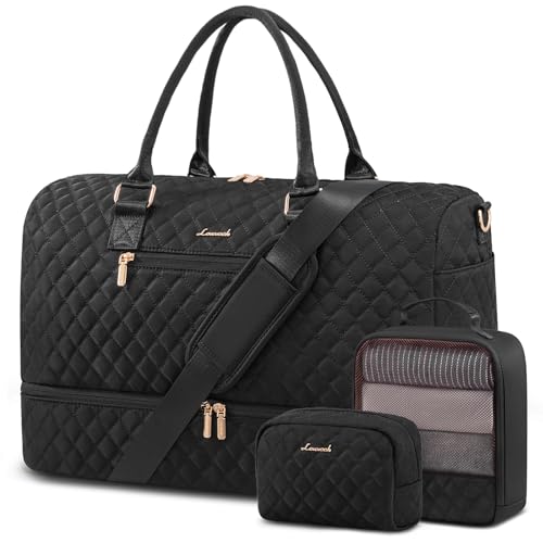 LOVEVOOK Travel Duffle Bag for Women, Weekender Overnight Bag with Shoe Compartment, Carry on Case with Toiletry Kit, Gym Duffel Bag with Wet Pocket, Hospital bags for Labor and Delivery, 3 Pcs Set