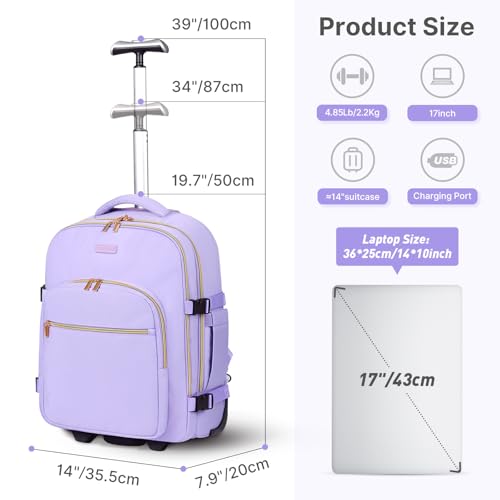 DEVPNR Rolling Backpack for Women, Travel Backpack with Wheels, TaroPurple