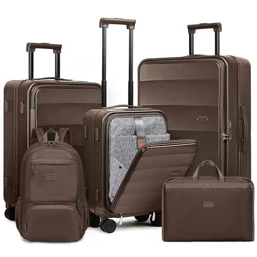 Joyway Luggage Set 5 Piece Top Opening Suitcase Set with Spinner Wheel and TSA Lock, PC Hard Shell Carry on Luggage with Front Pocket, Suitcase with Backpack and Foldable Storage Bag (Coffee)