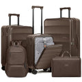 Joyway Luggage Set 5 Piece Top Opening Suitcase Set with Spinner Wheel and TSA Lock, PC Hard Shell Carry on Luggage with Front Pocket, Suitcase with Backpack and Foldable Storage Bag (Coffee)