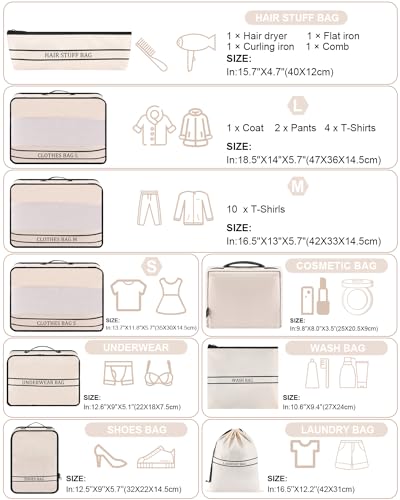 Ougrand 9 Set Packing Cubes Luggage Packing Organizers for Travel Accessories Space Saving Travel Bags for Carry On, Lightweight Mesh Zipper, Clothes, Shoes, Laundry and Shoe Bag, Suitcases (Cream)
