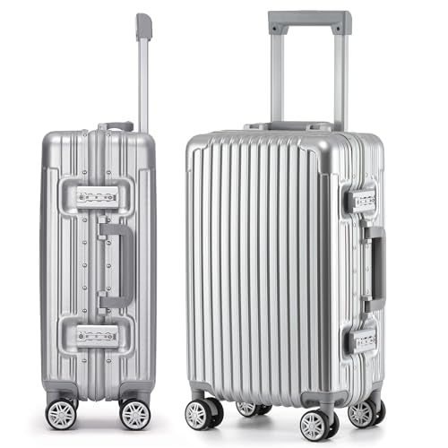VATILIN 20 Inch Aluminum Frame Hardside Carry On Luggage, Airline Approved Zipperless Lightweight Suitcase with Spinner Wheels & TSA Lock for International Travel & Business, Silver